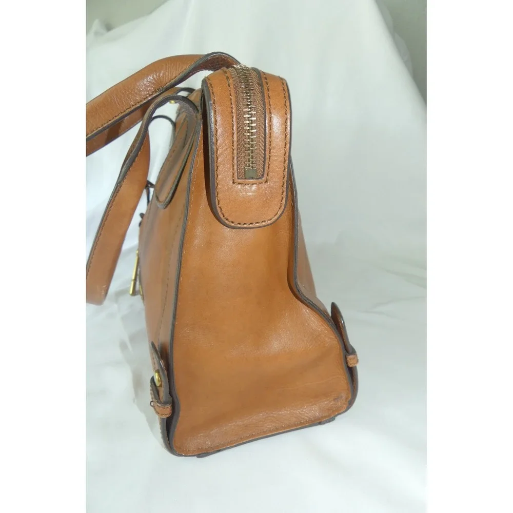 Vintage Fossil Cognac Leather Satchel Reissue Handbag Brass Key Charm Keyhole